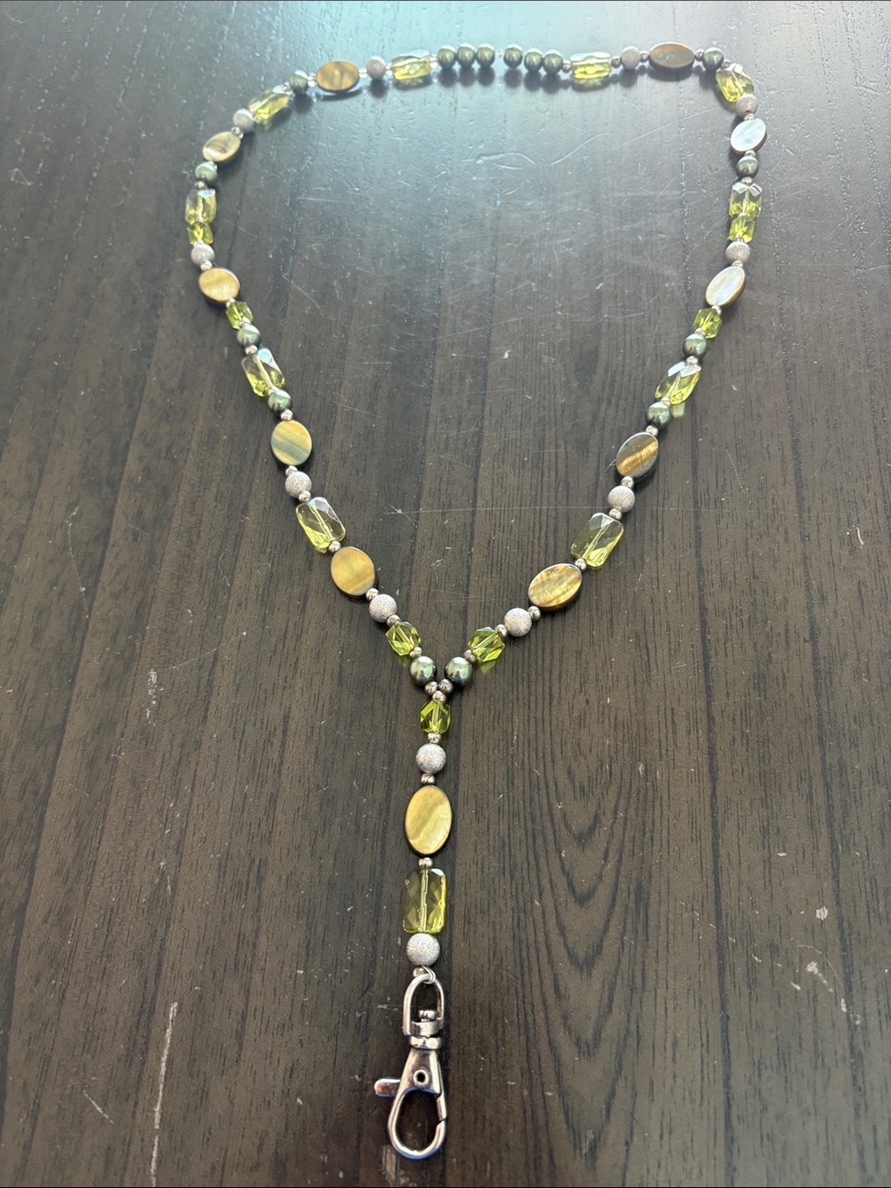 Beaded Yellow-Green Lanyard Necklace with Clip